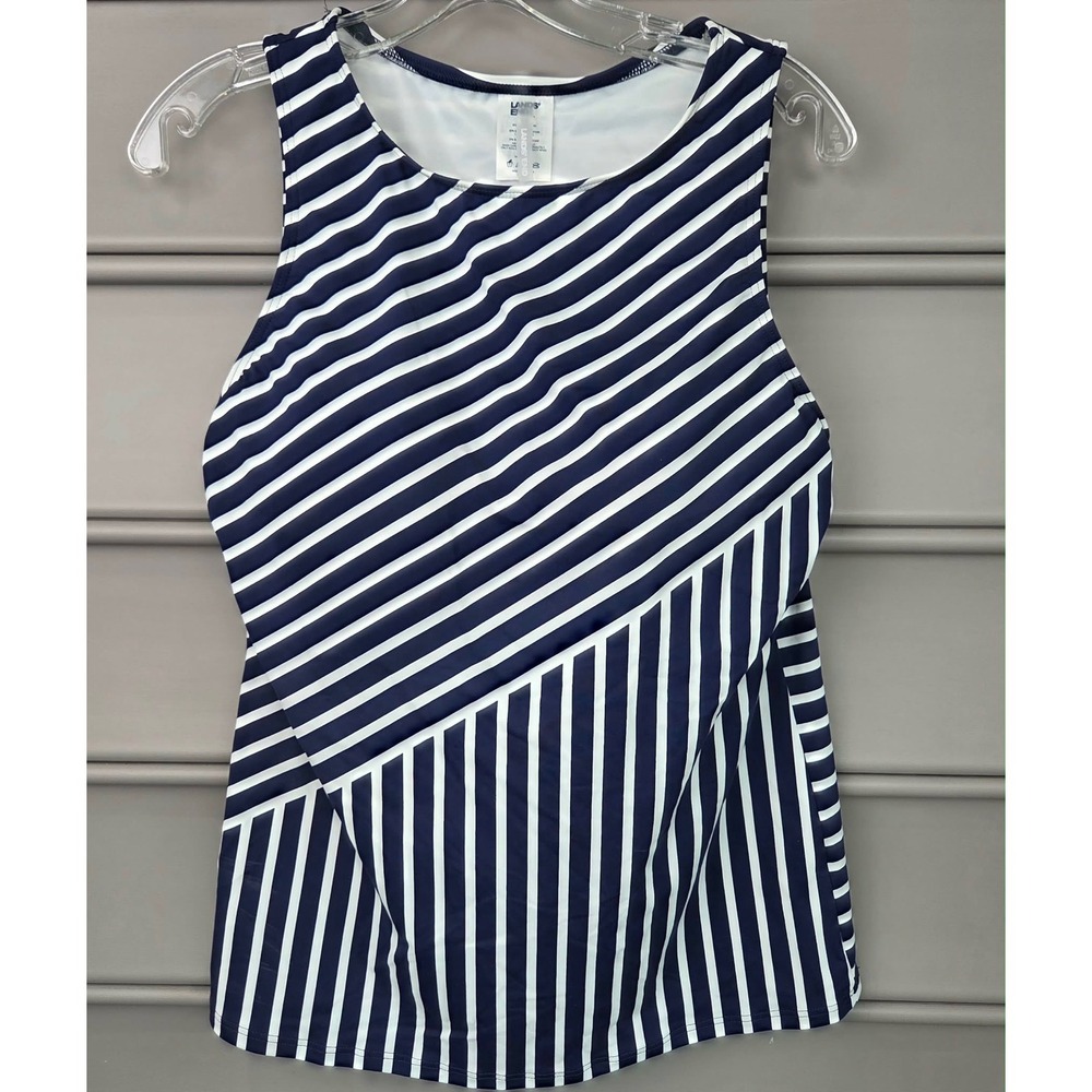 Lands End Womens High Neck Modest Navy White Striped Tankini Swim Top Size 12 D